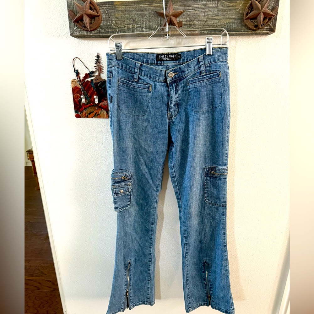 Street Code #y2k style Blue Flare Jeans with Cargo Pockets size 9 boot cut
